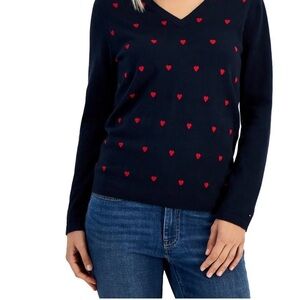 Tommy Hilfiger 100% Cotton Dark Blue Sweater with Red Heart Accents.